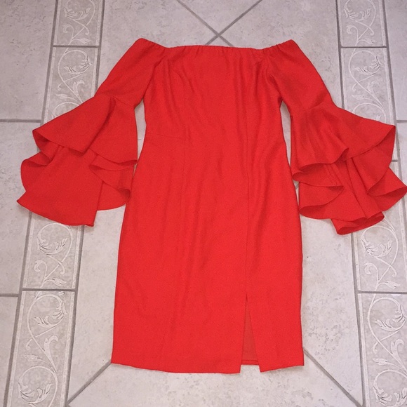 Venus red/orange off-the-shoulder ruffle dress - Picture 2 of 5